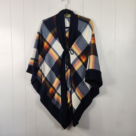 Pure Essence Navy Plaid Poncho Wrap Sweater Scarf XS Small Apres Yoga Outerwear - Picture 3 of 10